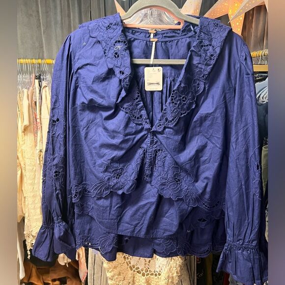 Free People Maisie Cutwork Top in Celestial Indigo - Picture 7 of 9